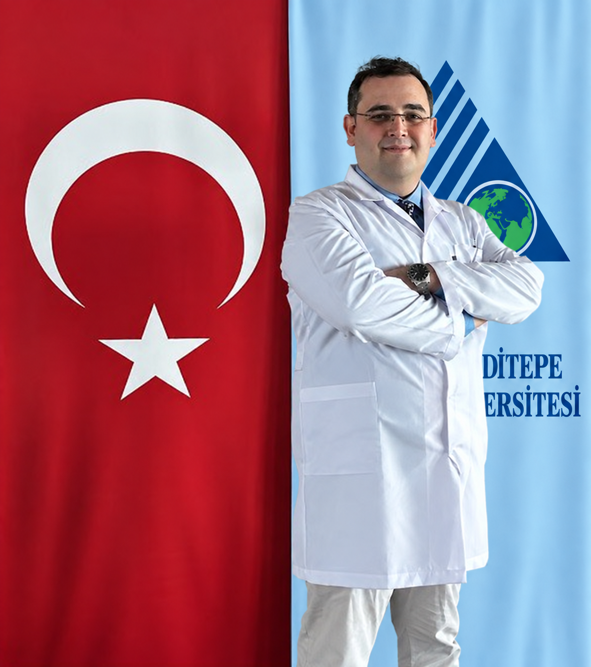 Dr. Öğretim Üyesi Ozan Tezen, beyaz önlüğüyle Türk bayrağının yanında